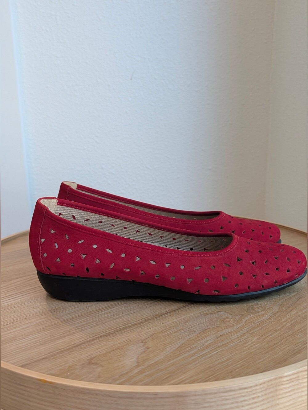 Munro Red Suede Laser-Cut Ballet Flats With Shock Absorbing Heel